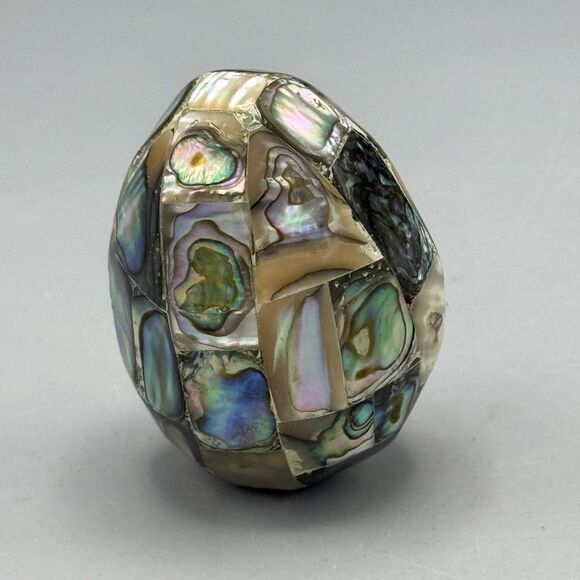 Vtg Abalone Shell Egg Mother Of Pearl Mosaic Iridescent Inlay Paperweight 2.5"T - Picture 3 of 6